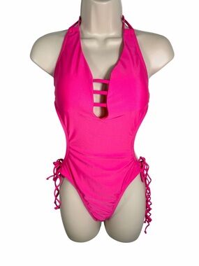 Relleciga Hot Pink Plunge Neckline Tie Side Cheeky Monokini One Piece Swimsuit